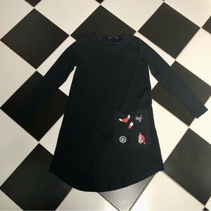 Zara Long Sleeve Mini Dress Black Casual Fabric Patch Appliqués Crewneck sz Med